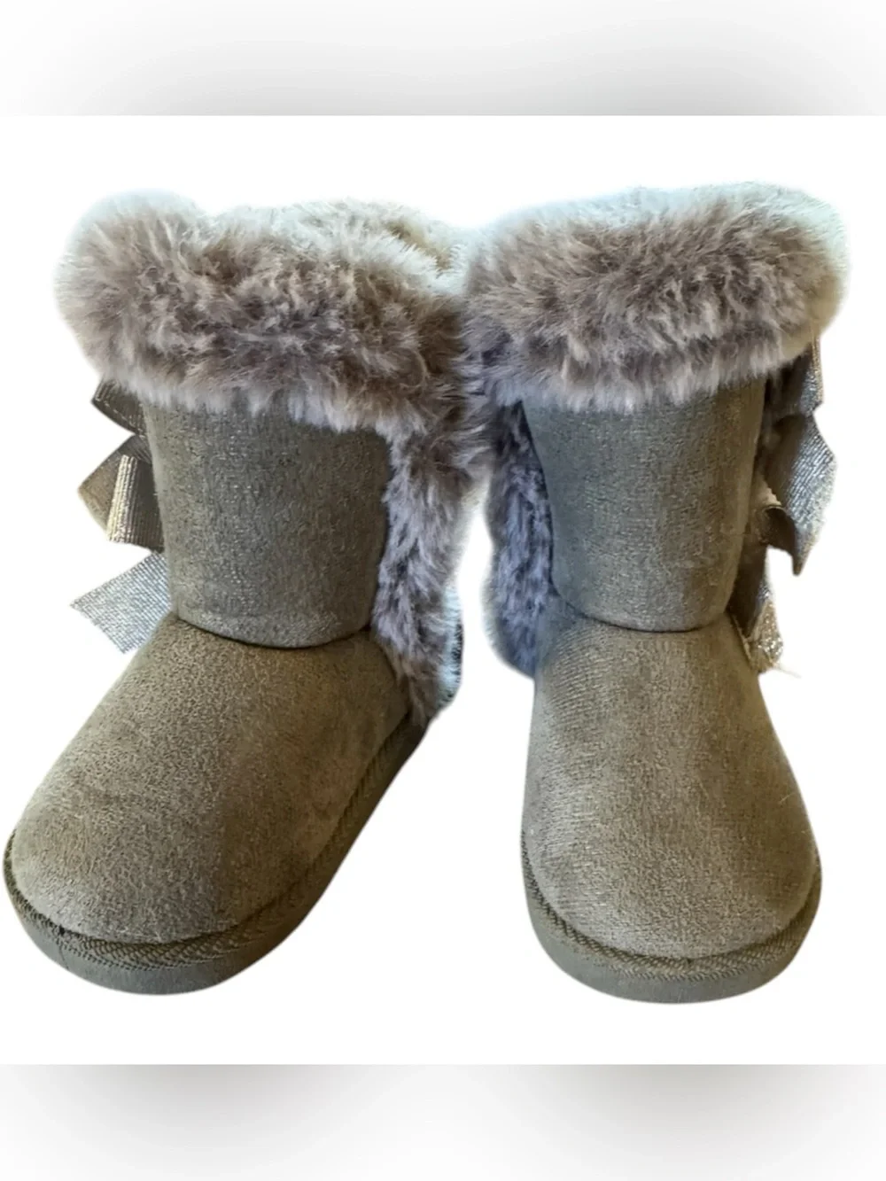 Kids Faux-Fur Trim Suede Booties with Decorative Bows - Gray